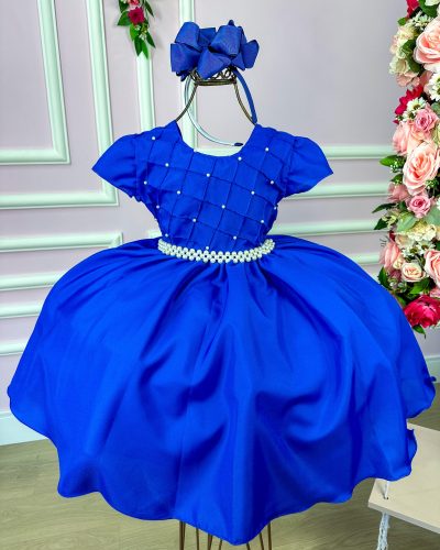 Vestido Ysa Kids Azul Royal Peito Perolas
