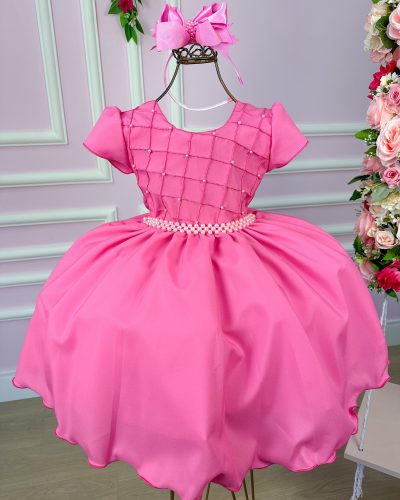 Vestido Ysa Kids Rosa Chiclete Peito Perolas