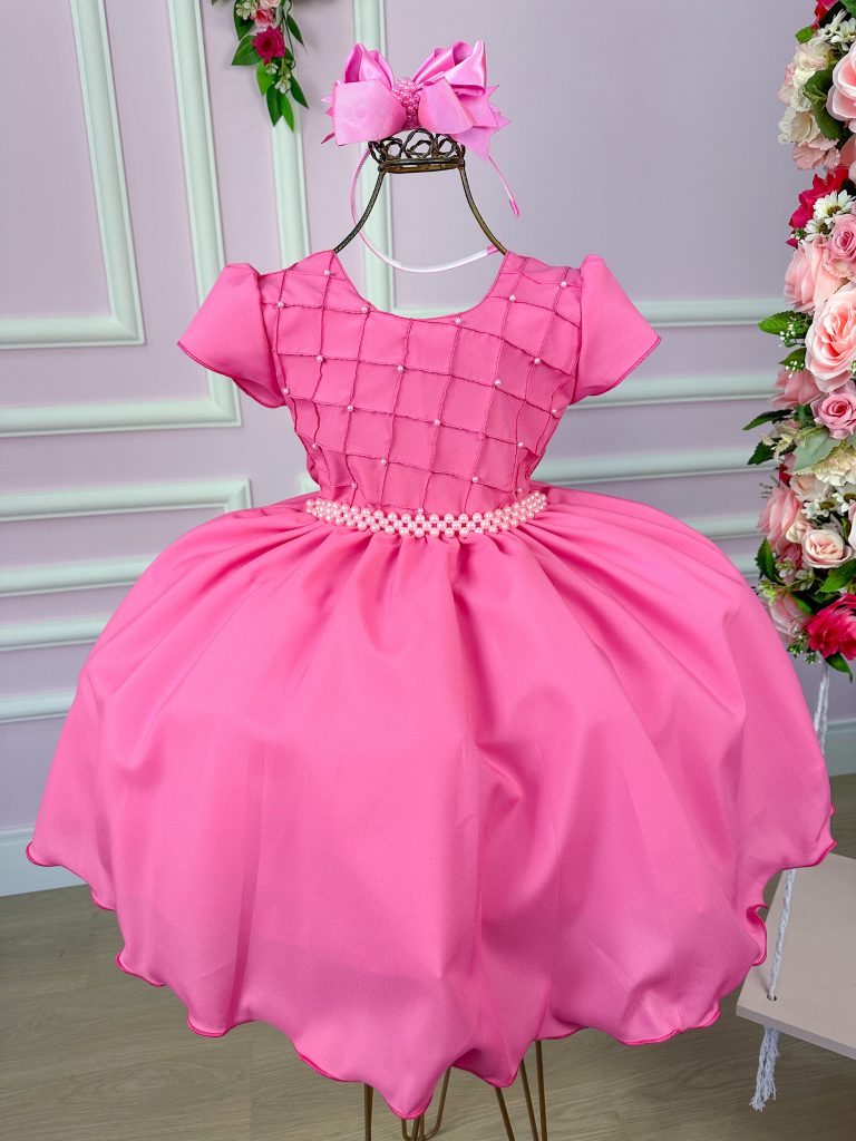 Vestido Ysa Kids Rosa Chiclete Peito Perolas