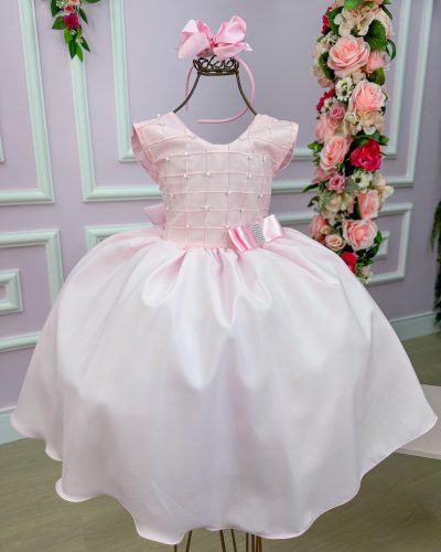 Vestido Belle Fille Peito Pérolas Rosa Bebe