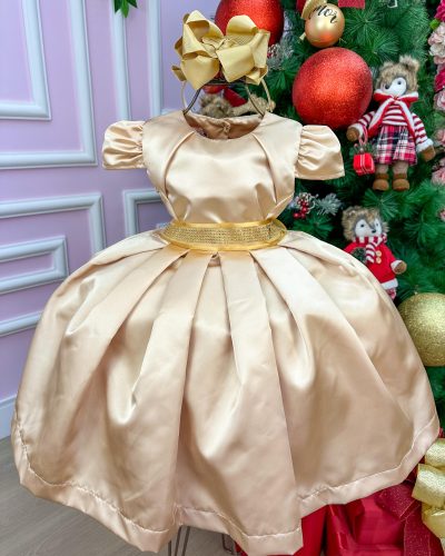 Vestido Miss Sweet Dourado Cinto Brilho