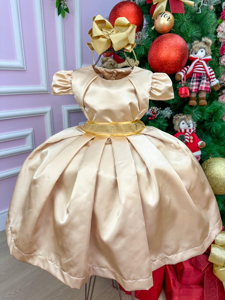 Vestido Miss Sweet Dourado Cinto Brilho