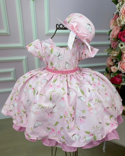 Vestido Miss Cherry Chapeu Rosa Flores e Borboletas