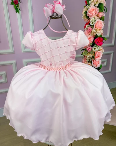 Vestido Ysa Kids Rosa Bebe Peito Perolas
