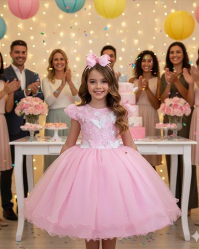 Vestido Marie Jardim Encantado Rosa Bebe Borboleta Branca