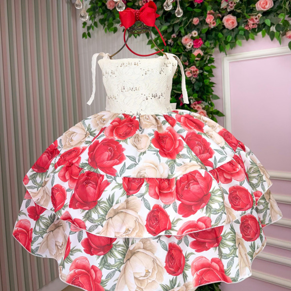 Vestido Giovanella Karine Off Florido Vermelho