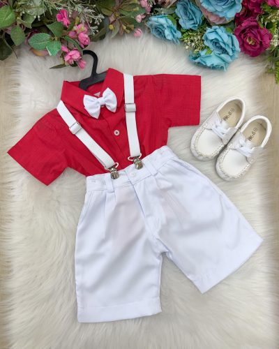 Conjunto Miss Cherry Henry Vermelho Suspensorio Branco