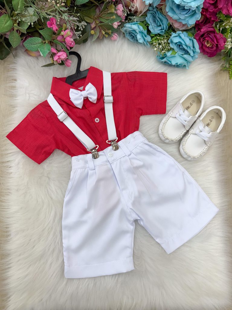 Conjunto Miss Cherry Henry Vermelho Suspensorio Branco