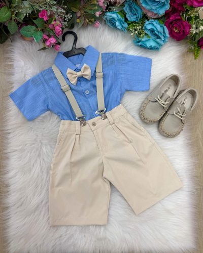 Conjunto Miss Cherry Henry Azul Suspensorio Bege