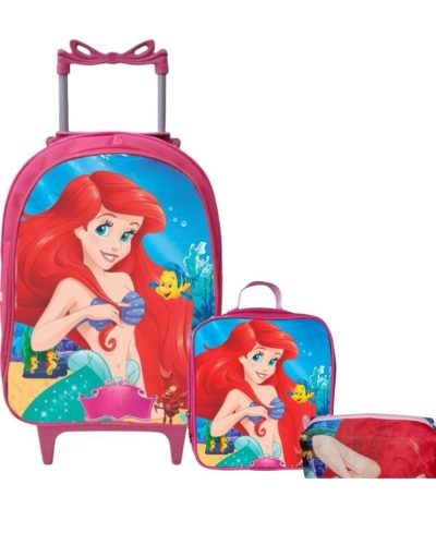Kit Mochila Rodinhas + Lancheira + Estojo A Pequena Sereia Ariel