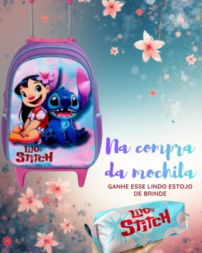 Mochila Rodinhas Lilo e Stitch + Estojo de Brinde