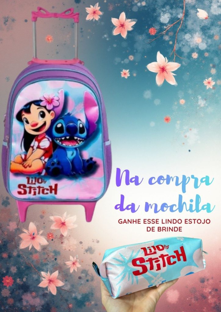 Mochila Rodinhas Lilo e Stitch + Estojo de Brinde