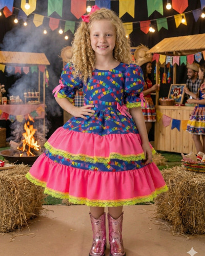 Vestido Junino Banana Club Luxo Bandeirinha do Amor