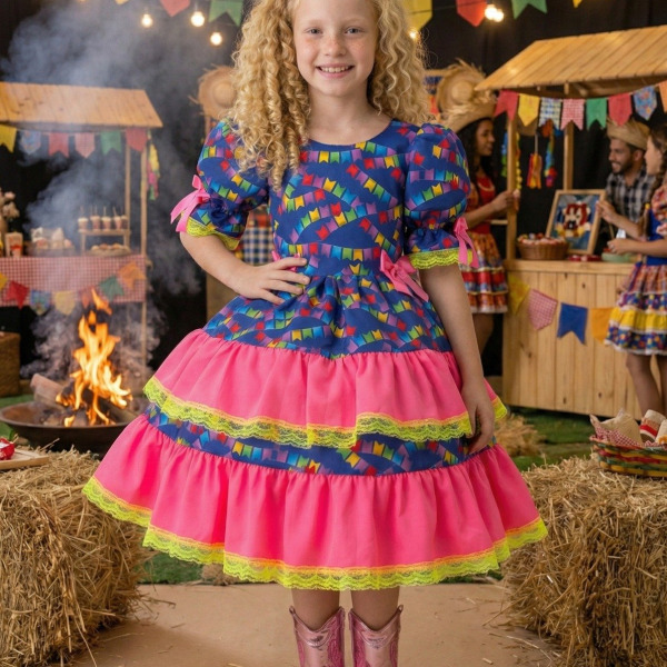 Vestido Junino Banana Club Luxo Bandeirinha do Amor