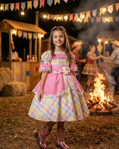 Vestido Marie Junino Luxo Ursinho do Sertão Rosa