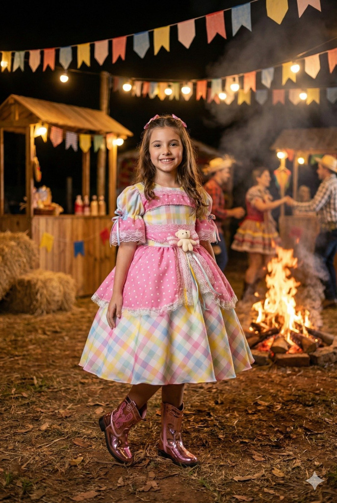 Vestido Marie Junino Luxo Ursinho do Sertão Rosa