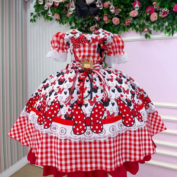 Vestido Junino Tematico Luxo Minnie/Minei Vermelho