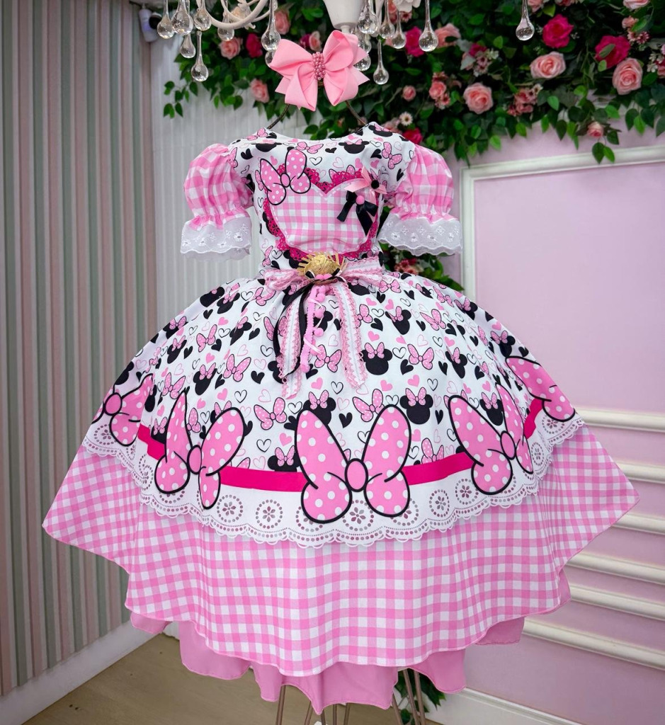 Vestido Junino Tematico Luxo Minnie/Minei Rosa