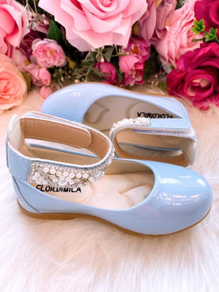 Sapatilha Flor di Mila Azul Bebê “Perolas” Luxo