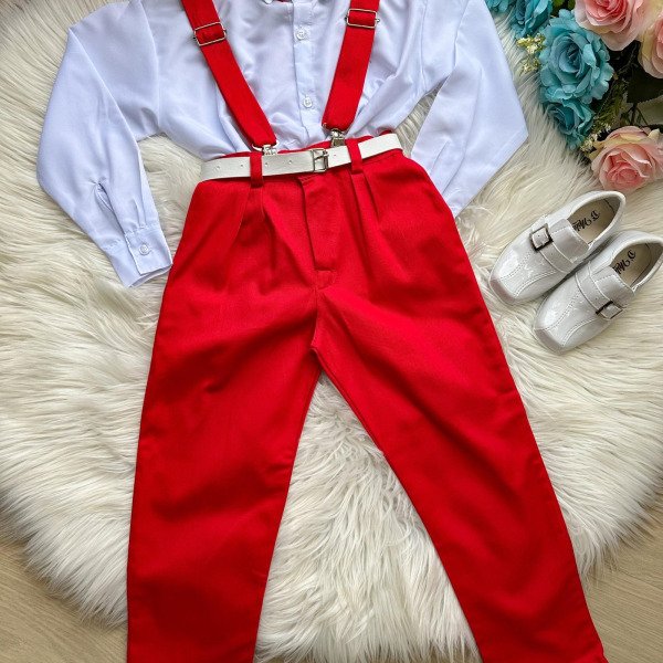 Conjunto Meninos Miss Cherry Leo Suspensorio Vermelho