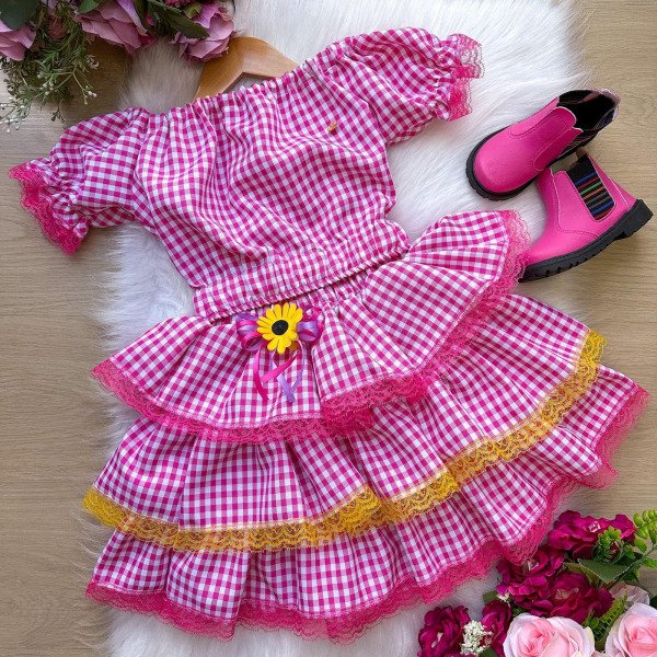 Conjunto Junino Banana Club Luxo Gabriela Xadrez Pink