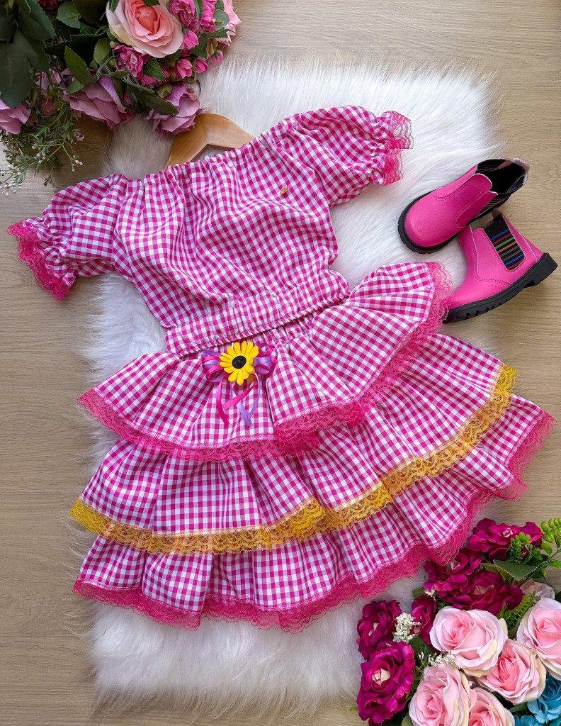 Conjunto Junino Banana Club Luxo Gabriela Xadrez Pink