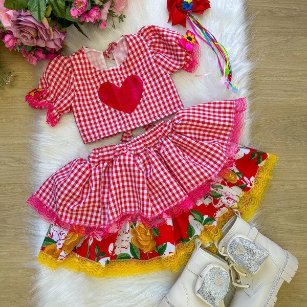 Conjunto Junino Banana Club Luxo Madu Xadrez Vermelho Coraçã