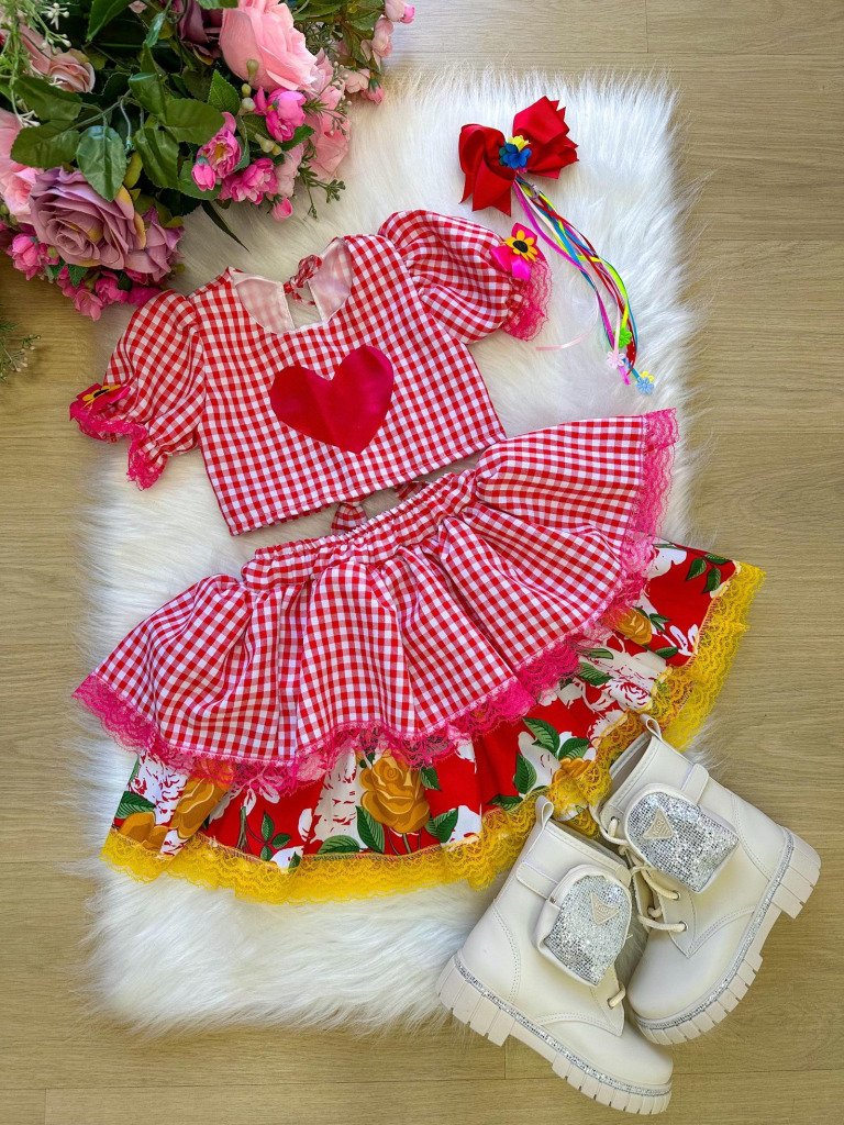 Conjunto Junino Banana Club Luxo Madu Xadrez Vermelho Coraçã