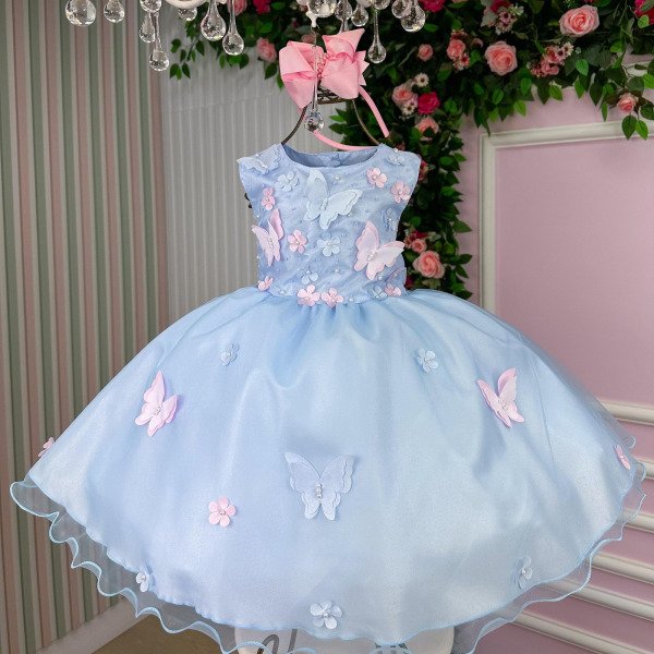 Vestido Marie Jardim das Borboletas Azul Bebe Viviane