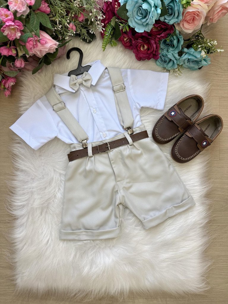 Conjunto Miss Cherry Meninos Social Shorts Ravi Cinza Claro
