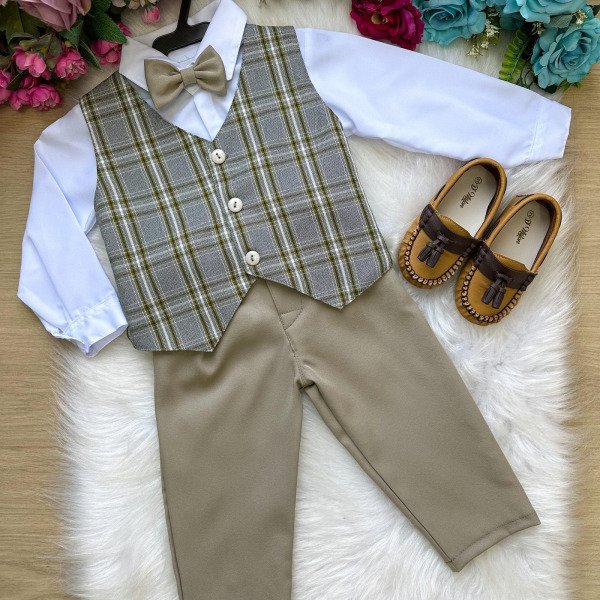 Conjunto Miss Cherry Luan Colete Xadrez Bege