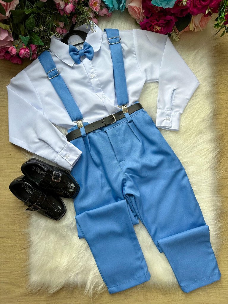 Conjunto Meninos Miss Cherry Leo Suspensorio Azul Celeste