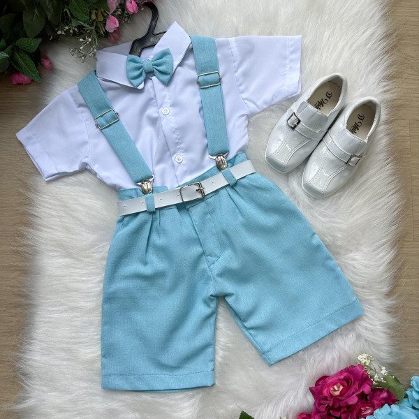 Conjunto Miss Cherry Gustavo Suspensorio Shorts Azul Bebe