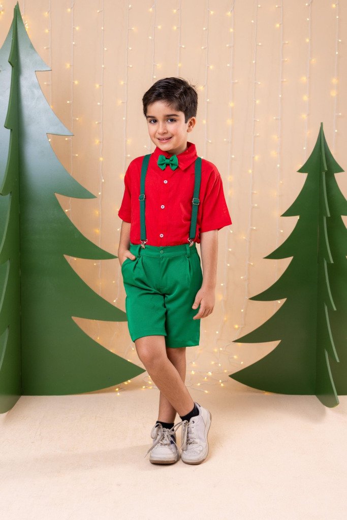 Conjunto Miss Cherry Henry Camisa Vermelha Suspensorio Verde