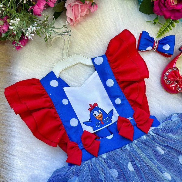 Romper/Vestido Princesa Belli Galinha Pintadinha Azul e Verm
