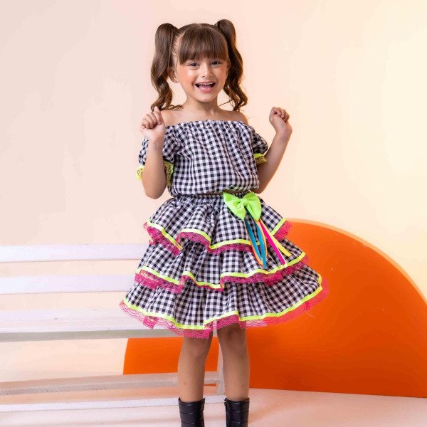 Conjunto Junino Banana Club Luxo Sofia Xadrez Preto