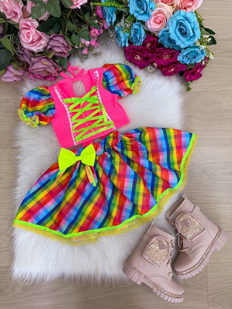 Conjunto Junino Banana Club Luxo Manu Rosa Neon