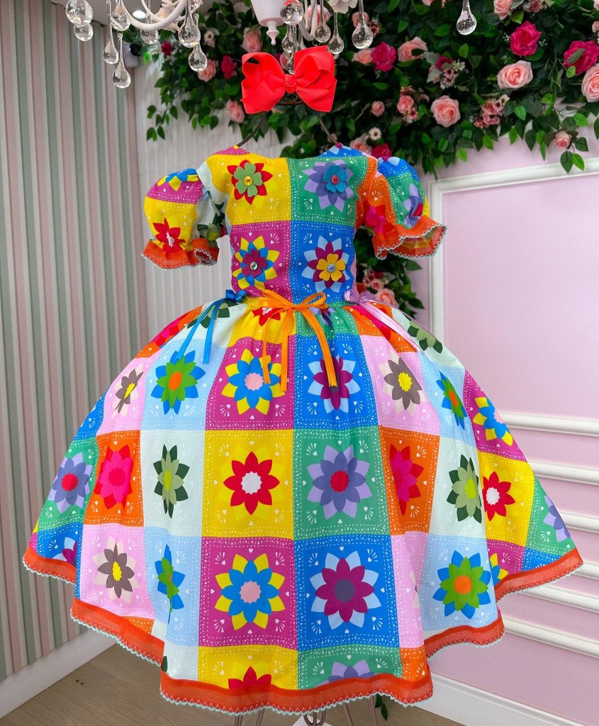 Vestido Marie Junino Luxo Quermesse Elegante Laranja