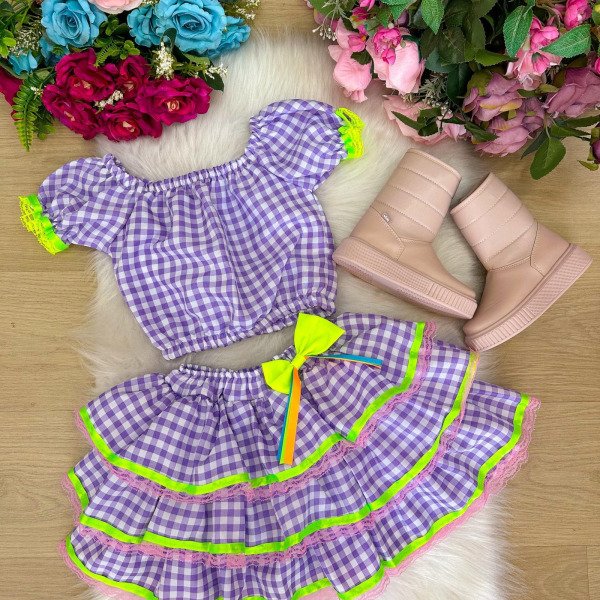Conjunto Junino Banana Club Luxo Sofia Xadrez Lilas