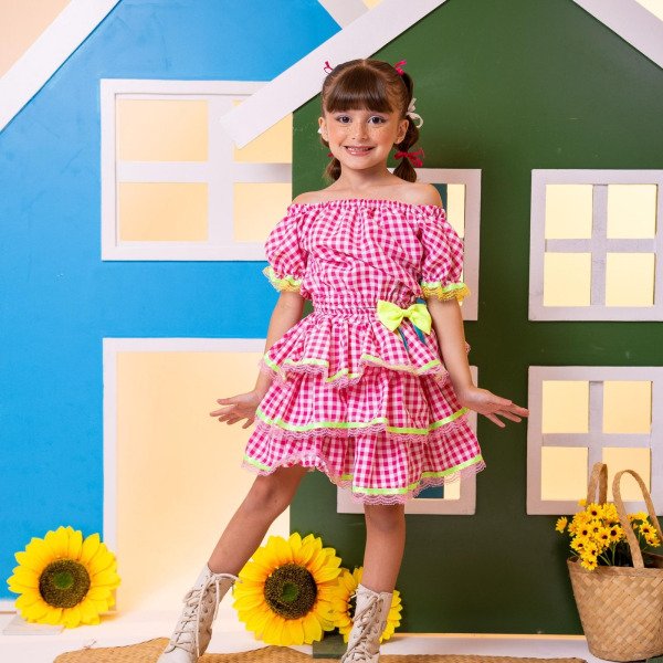 Conjunto Junino Banana Club Luxo Sofia Xadrez Rosa