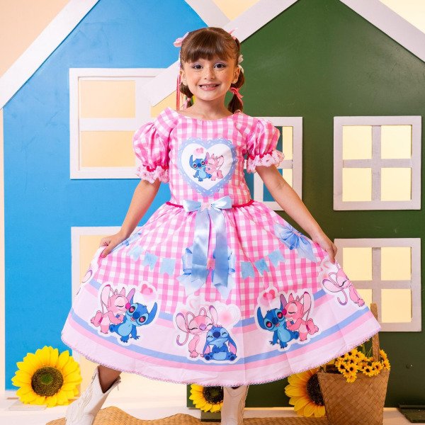 Vestido Junino Tematico Luxo Lilo Stitch Rosa Bebe