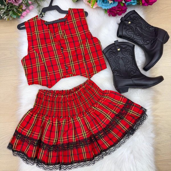 Conjunto Junino Miss Cherry Melissa Xadrez Vermelho