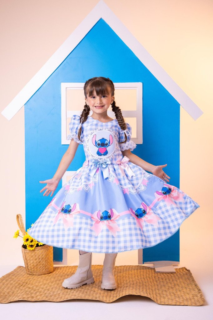 Vestido Junino Tematico Luxo Lilo Stitch Azul Bebe