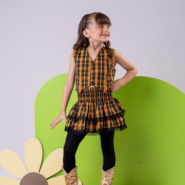 Conjunto Junino Miss Cherry Melissa Xadrez Amarelo