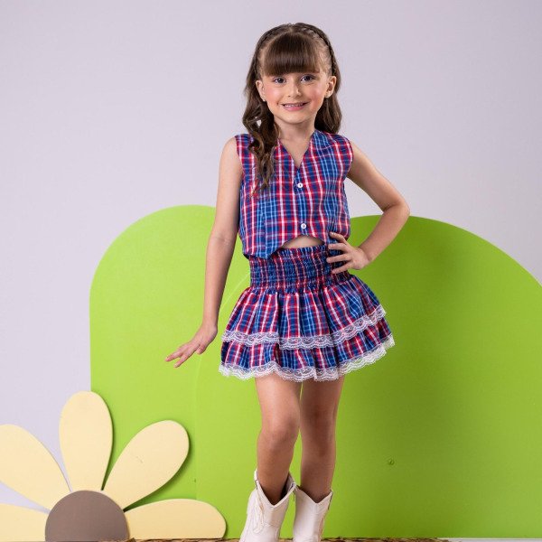 Conjunto Junino Miss Cherry Melissa Xadrez Azul Marinho