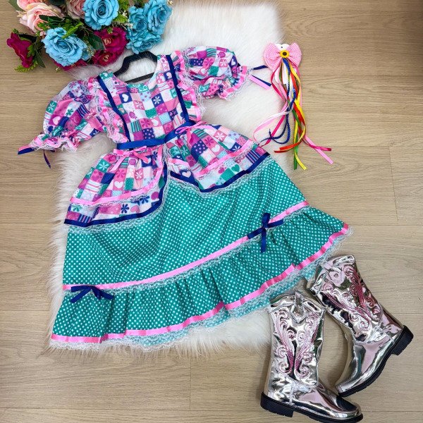 Vestido Bella Child Junino Celebração Caipira Verde Tiffany