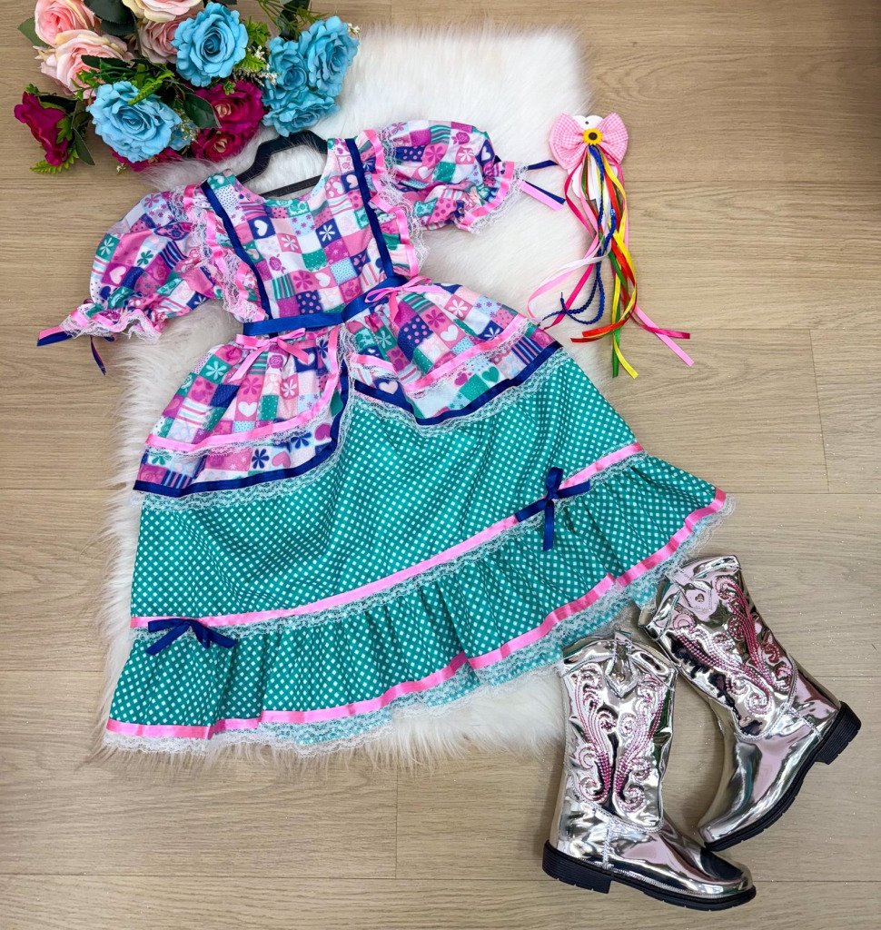 Vestido Bella Child Junino Celebração Caipira Verde Tiffany