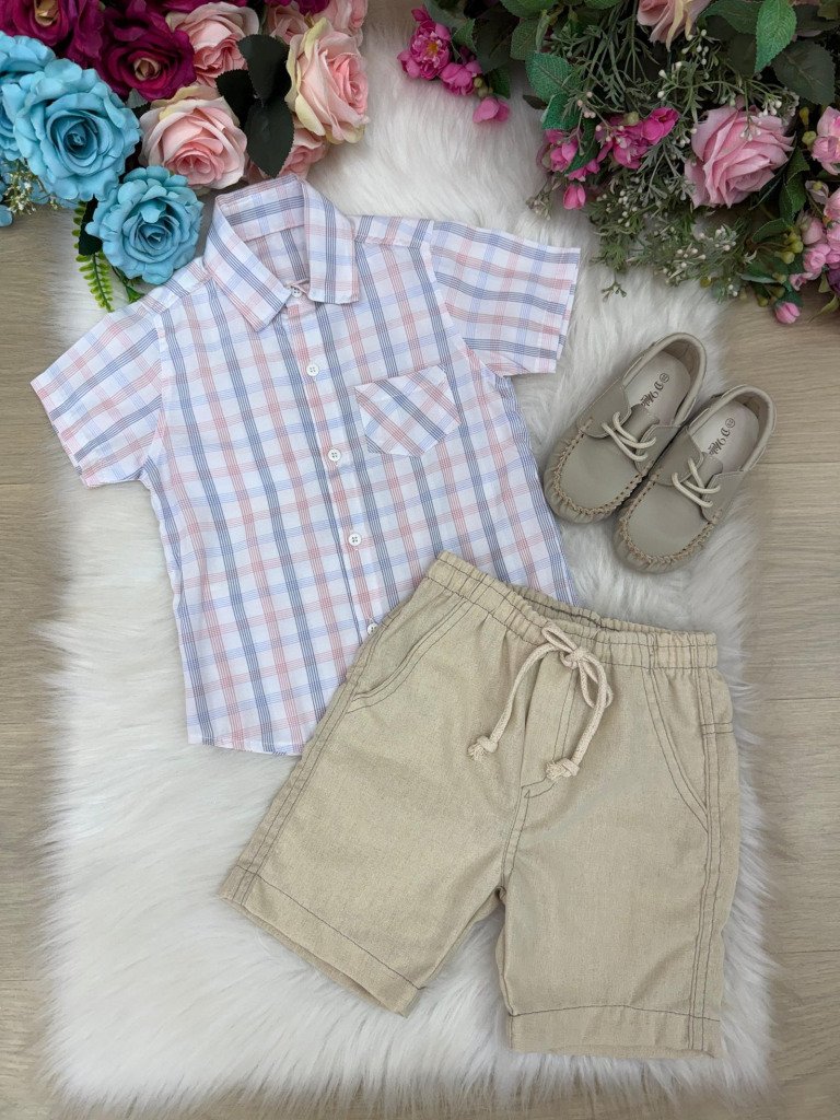 Conjunto Meninos Lucas Banana Club Shorts Linho Camisa Xadre