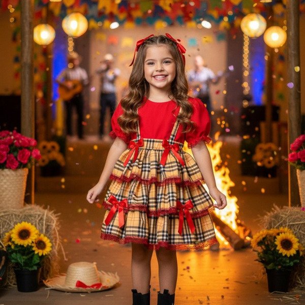 Conjunto Junino Banana Club Luxo Camisa Vermelha Caipira