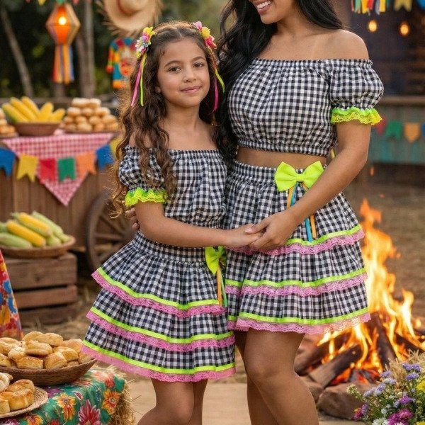 Conjunto Junino Banana Club Luxo Sofia Xadrez Preto Mãe e Filha
